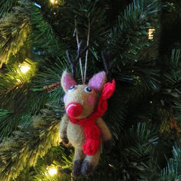 Handmade Felt Biodegradable Christmas Reindeer with knitted Scarf Hanging Decoration