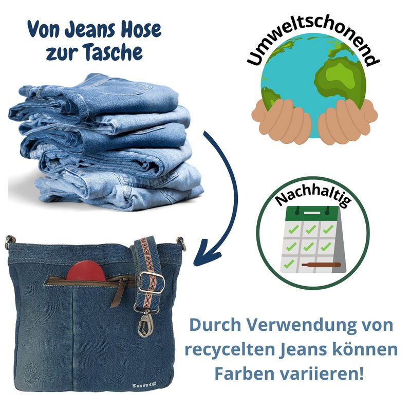 Sunsa Bæredygtig Skuldertaske til kvinder. Skuldertaske lavet af genbrugte jeans og bomuld. Håndtaske vintage retro stil. Crossbody taske til kvinder.