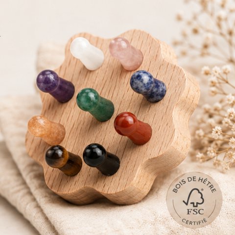 Flower Scalp Brush in FSC Beech Wood - 9 Natural Stone Massage Points - Stimulates Blood Circulation - Revitalizes Scalp - Natural Lithotherapy Hair Care