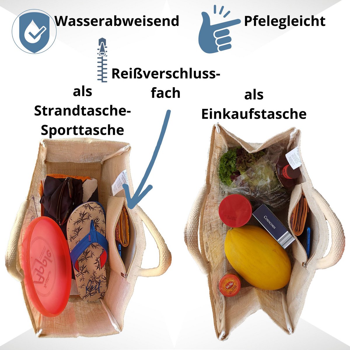 Domelo Jutetasche Einkaufstasche. Jute Shopper Tasche. Große wasserabweisende Einkaufskorb/ Strandtasche . Badetasche XXL/ Shopping bag Geschenke für Frauen.