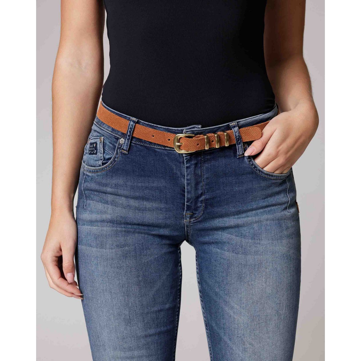 RUE | Lizard-Embossed Leather Belt with Triple Gold Loops