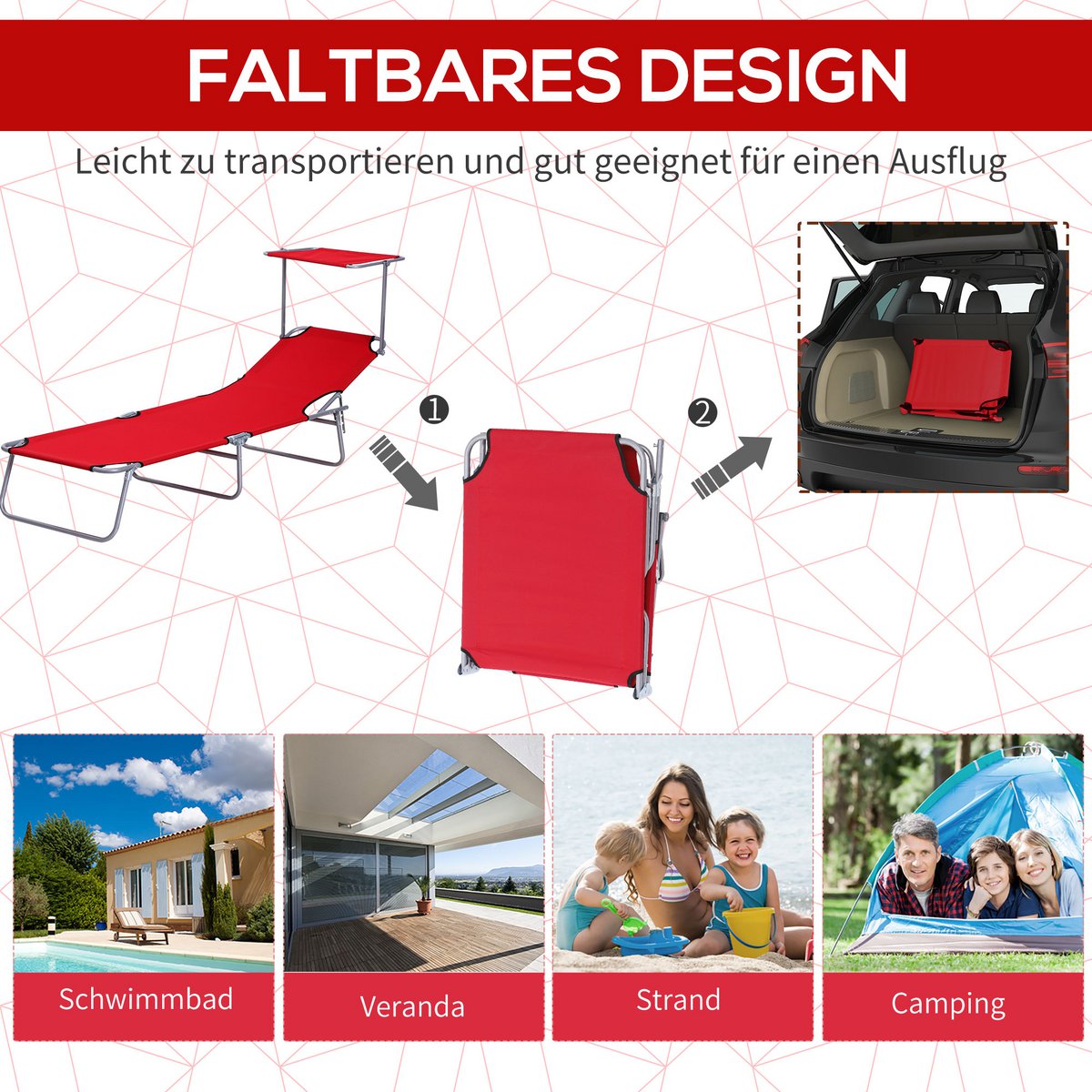  Sonnenliege klappbar Gartenliege mit Dach, Liegestuhl mit 4-Fach verstellbare Rückenlehne, wetterfeste Campingliege bis 120 kg belastbar, für Garten Strand Pool, Rot