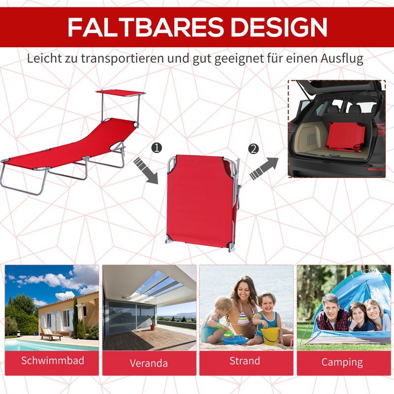  Sonnenliege klappbar Gartenliege mit Dach, Liegestuhl mit 4-Fach verstellbare Rückenlehne, wetterfeste Campingliege bis 120 kg belastbar, für Garten Strand Pool, Rot