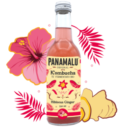 Hibiscus-ginger kombucha in a 330ml bottle. The product features a pink hibiscus flower and red palm leaves on the label, indicating a tropical, floral flavor profile.