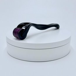  Black derma roller with purple microneedles, skincare tool for face and beard treatment