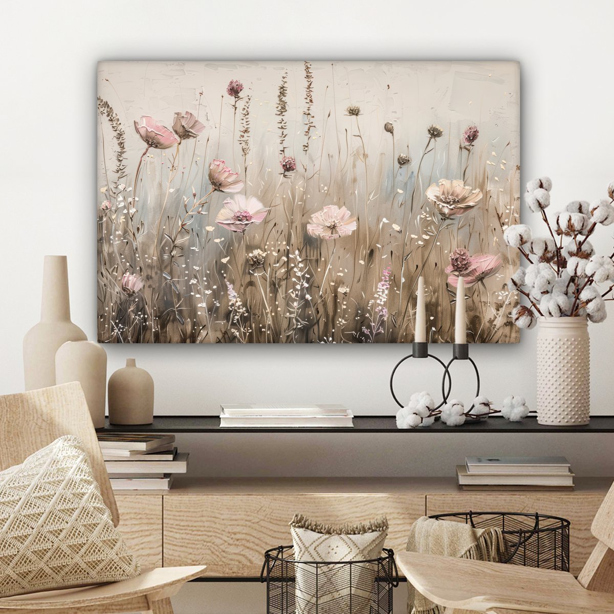 Pintura de lienzo - Decoración de pared - Flores - Rosa - Moderno - Beige