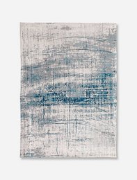 Large blue and gray area rug with a distressed, abstract pattern. Suitable for living rooms, bedrooms, or other indoor spaces.