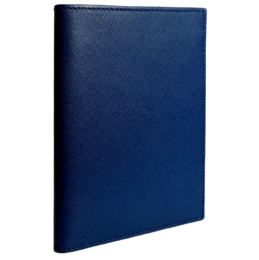 A navy blue and teal dual-tone passport sleeve made of saffiano leather, suitable for office use.