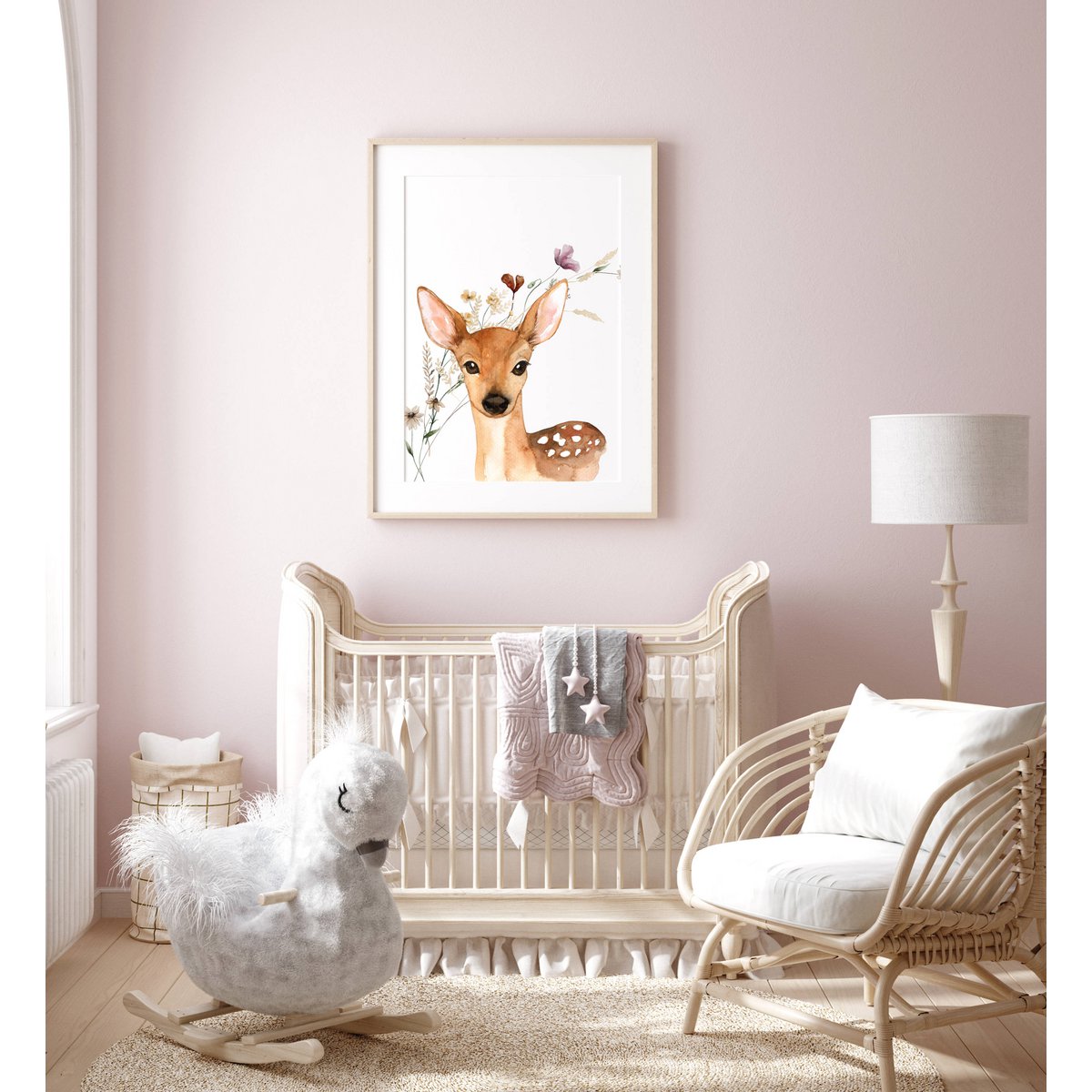 Hirsch-Poster, Hirsch-Druck, süßer Hirsch-Druck, Waldtiere-Kindergarten-Druck, Blumen-Kindergarten-Druck, Wildblumen-Druck, Mädchen-Kinderzimmer-Poster, Mädchenzimmer-Poster