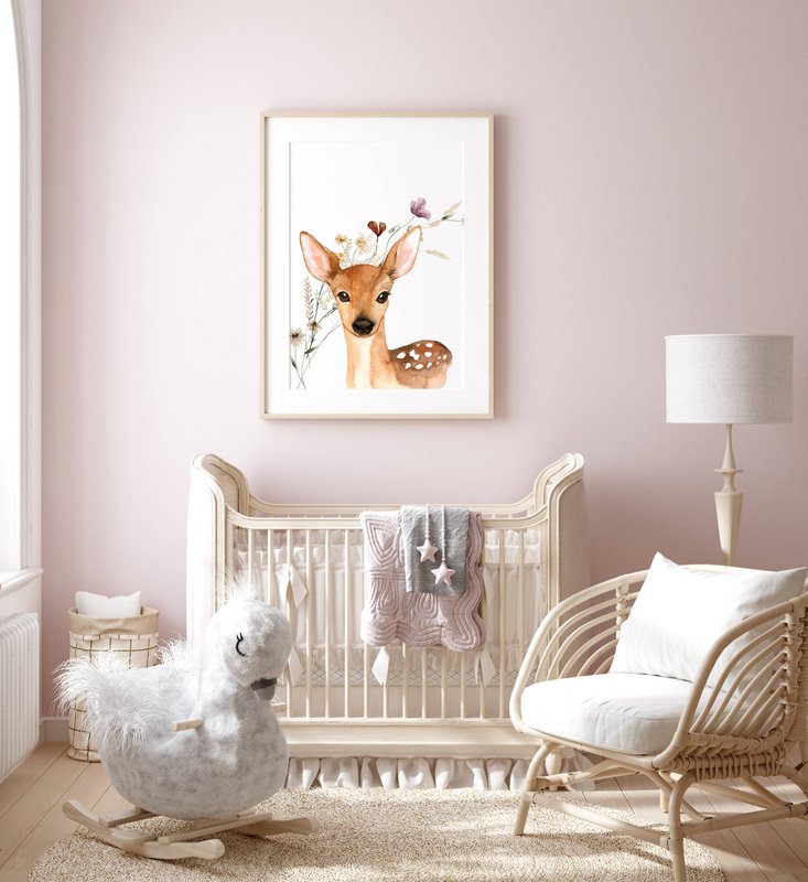 Deer poster, deer print, cute deer print, woodland animals nursery print, floral nursery print, wildflowers print, girls nursery poster, girls room poster