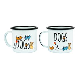 White enamel mugs with colorful dogs illustration, black rim, set of two, dog-themed drinkware.