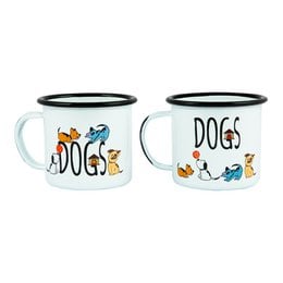 White enamel mugs with colorful dogs illustration, black rim, set of two, dog-themed drinkware.