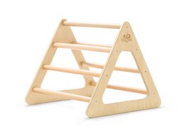 Small wooden Pikler triangle for children's play and development. Made of natural wood, with a simple, minimalist design. Suitable for climbing, balancing, and exploring motor skills.