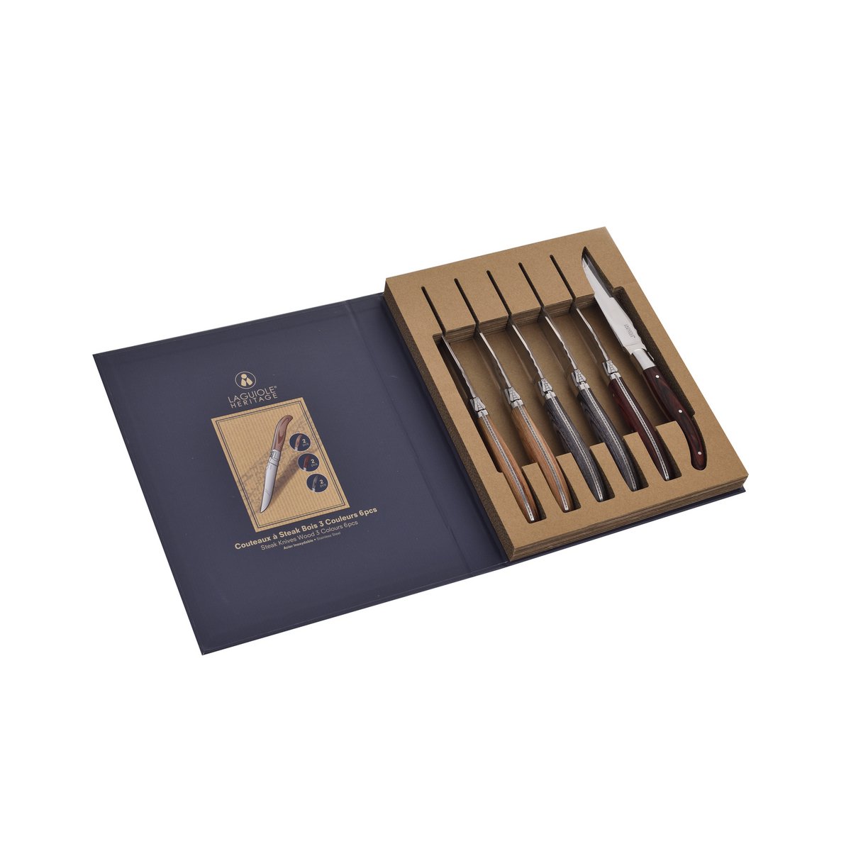 Box of 6 steak knives - Pakka wood handle in 3 assorted shades - Stainless steel - Cardboard gift box with brand history - Style and comfort of use - Very resistant