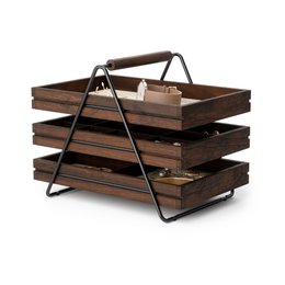 Three-tier wooden jewelry tray with black metal frame, dark brown wood, stackable organizer