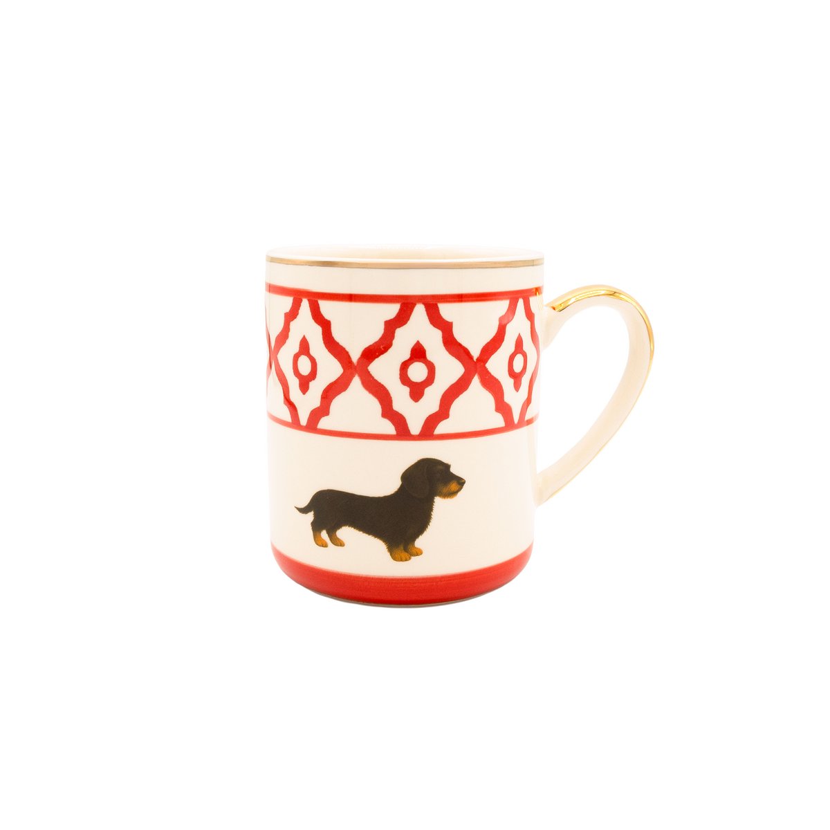 Kaffeetasse/Coffee-Mug Modell Dackel aus Keramik, handbemalt mit Dackelmotiv, Goldrand und gold belegtem Griff 250 ml. Tasseninhalt in den Farben rot, grün und blau erhältlich