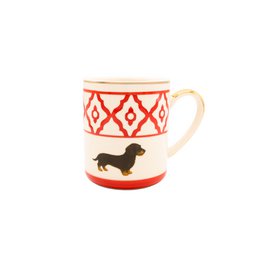 Kaffeetasse/Coffee-Mug Modell Dackel aus Keramik, handbemalt mit Dackelmotiv, Goldrand und gold belegtem Griff 250 ml. Tasseninhalt in den Farben rot, grün und blau erhältlich