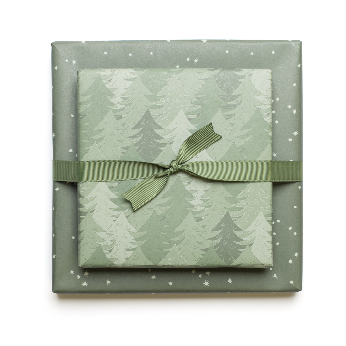 Papel de regalo navideño sostenible verde, papel de regalo Árboles de Navidad y estrellas: papel de regalo de doble cara fabricado con papel 100% reciclado