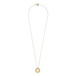Long gold necklace with round pendant. Elegant and minimalist design, perfect for everyday wear.