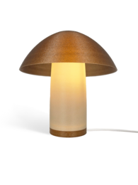 Mushroom-shaped table lamp with a warm, natural color palette and a soft, diffused light.