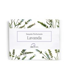 Lavender-scented sachet with natural ingredients, featuring a floral design with sprigs of lavender.