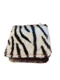 Compact wallet with zebra-print pattern, made of faux fur material. Features multiple card slots and a small compartment for bills or coins.