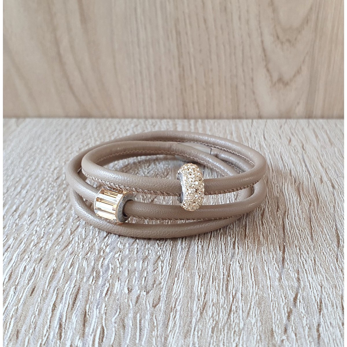 Beige triple wrap leather bracelets with Golden Shadow pavé crystals