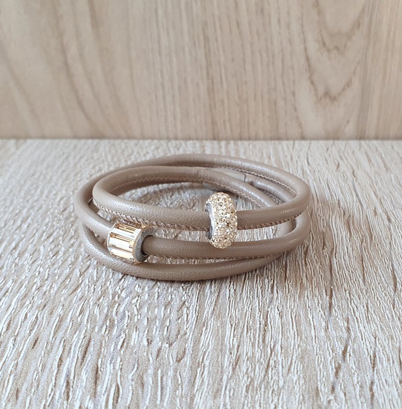 Beige triple wrap leather bracelets with Golden Shadow pavé crystals
