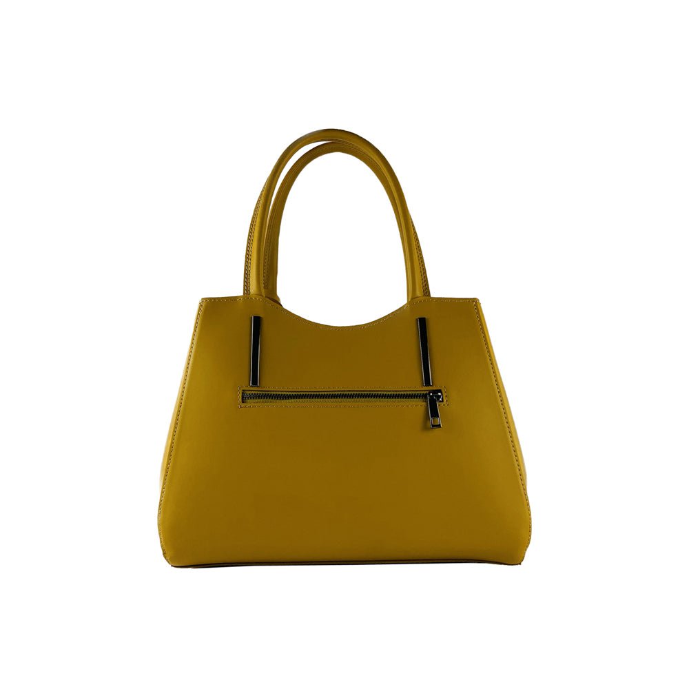 RB1004R | Bolso de Mano en Piel Auténtica Made in Italy con bandolera extraíble y mosquetones de metal color bronce - Color mostaza - Dimensiones: 33 x 25 x 15 cm + Asas 13 cm