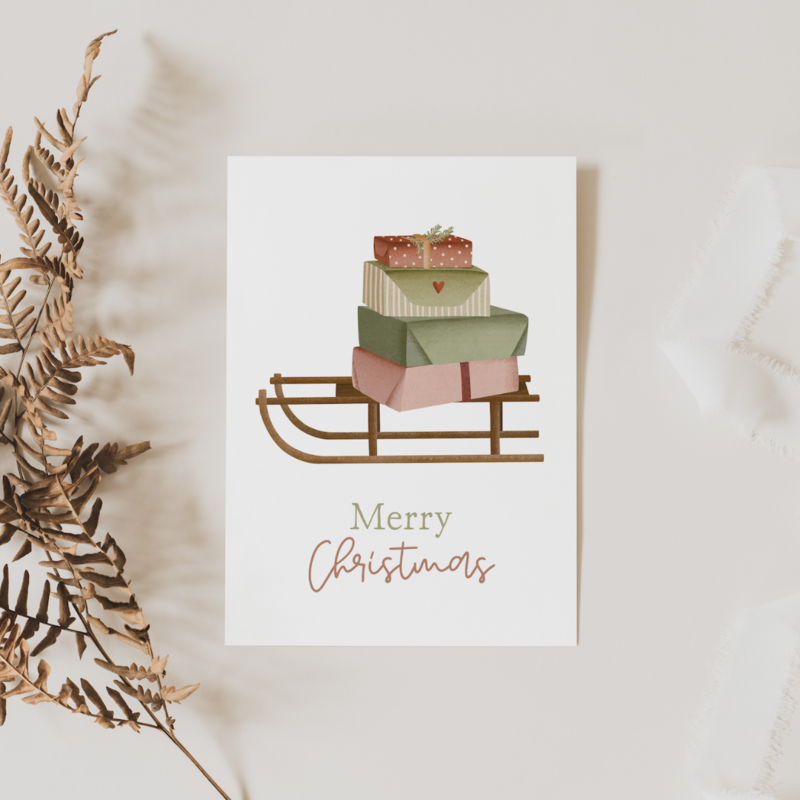 Cartolina di Natale Regali con la slitta - Cartolina di Natale Slitta di Natale