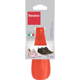 White plastic shoe horn, 17cm long, for assisting in putting on and removing shoes.