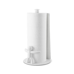 White cylindrical paper towel holder with stand base, modern kitchen roll dispenser, vertical design