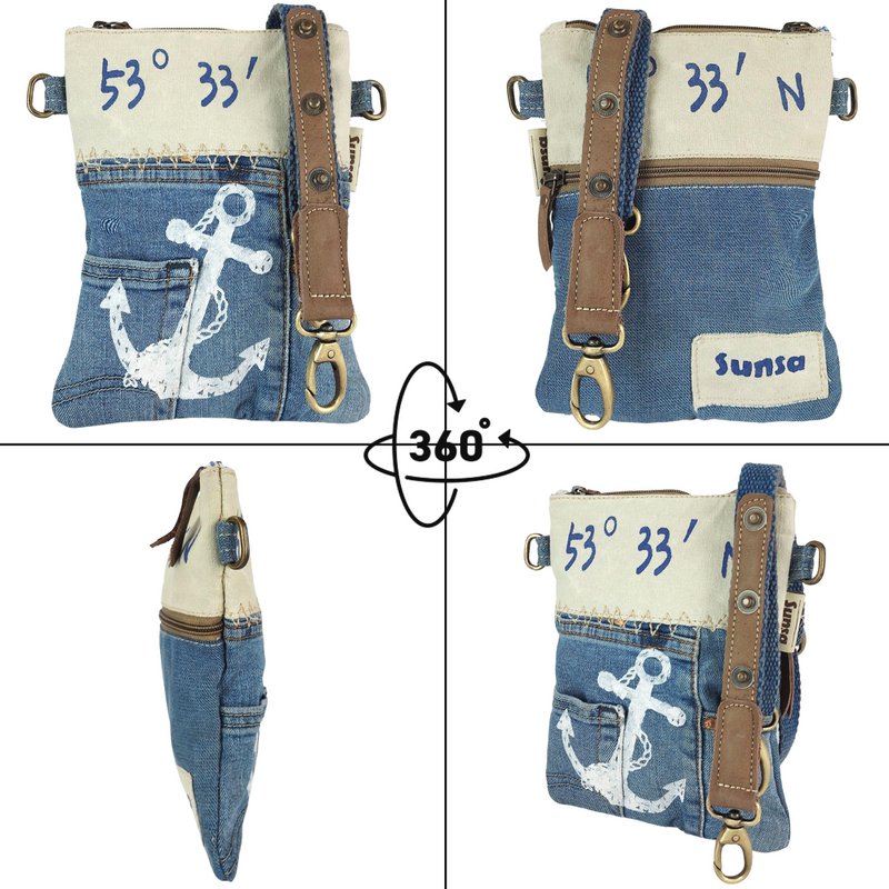 Bolso de hombro sostenible de mujer Sunsa. Bolso bandolera hecho de jeans reciclados y lona (canvas). Bolso estilo retro vintage. Bandolera de mujer con motivo marinero ancla