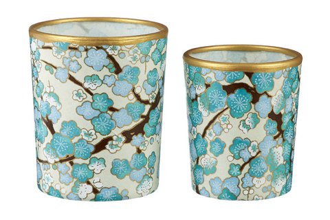 Medium Tealight Holder Made of Glass & Chiyogami Paper | Japan / Blue | Hand made