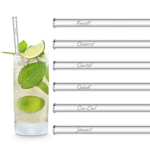 International Anstoßen Edition 20cm Glastrinkhalme „Prost“ in 6 verschiedenen Sprachen