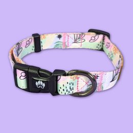 Pastel-colored dog collar with floral and nature-inspired patterns, available in sizes S (28/43cm), M (33/51cm), and L (41/66cm) for pets.