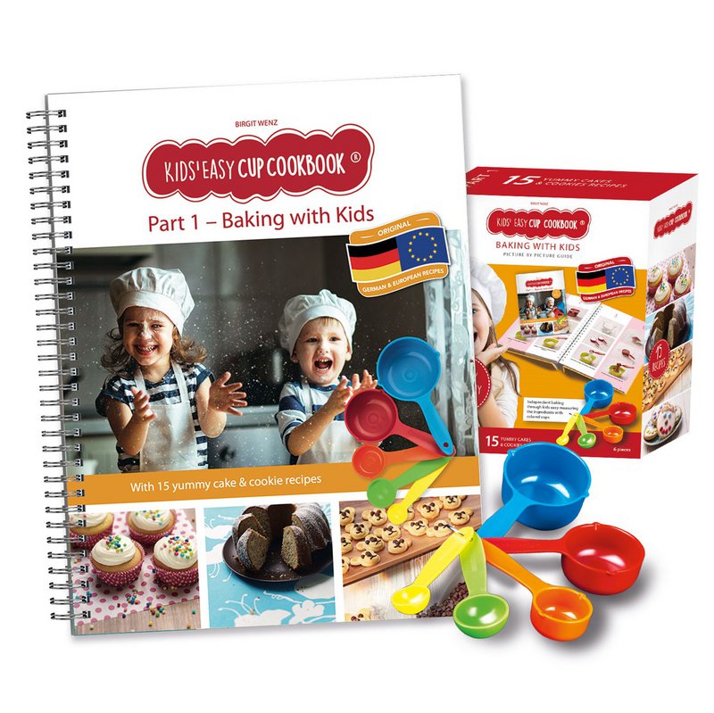 Książka kucharska dla dzieci Easy Cup: Pieczenie z dziećmi (część 1), zestaw do pieczenia wraz z 5 kolorowych miarek