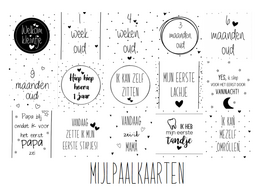 Milestone cards for kids, featuring a set of cards with hand-drawn illustrations and text in a minimalist, monochrome style. The cards appear to be designed for tracking and celebrating a baby's development and milestones during the first year.