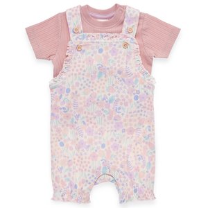 Baby Strampler Set - Shirt und Romper mit Rüschen in Strukturmaterial - offwhite und rosa