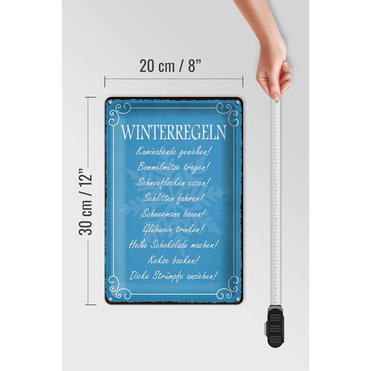Blikken bord met de tekst 20x30cm Winterregel open haardavonden glühwein