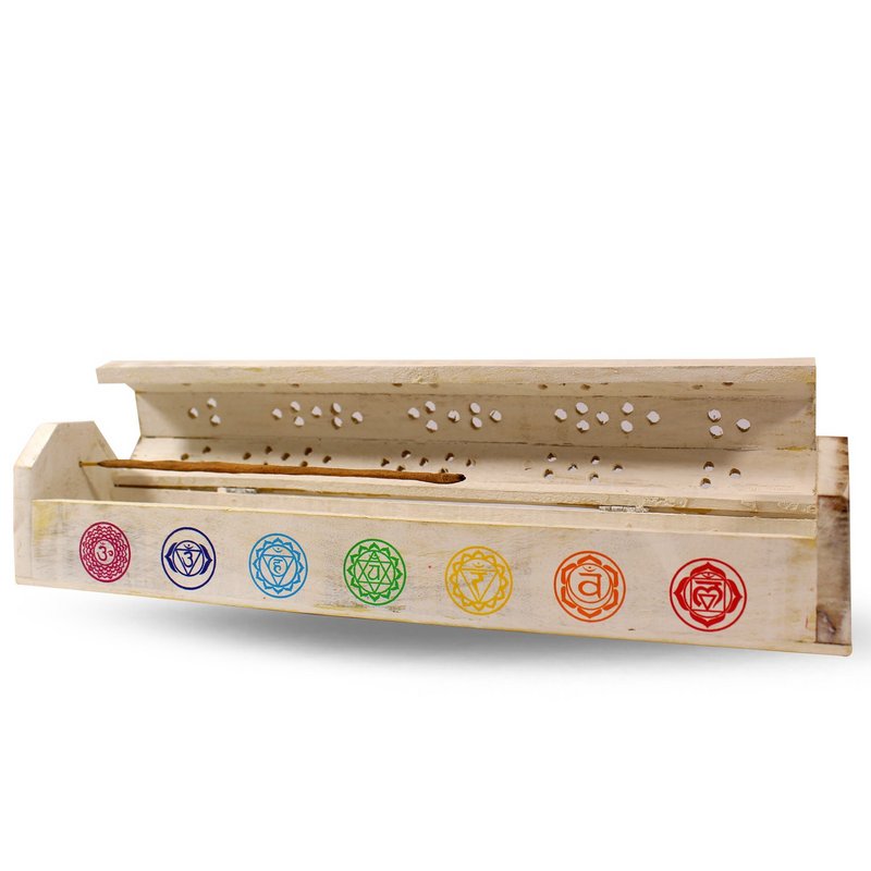 Räucherdose aus Holz 7 Chakra weiß