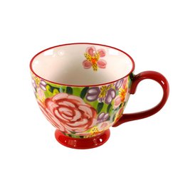 Floral teacup with red roses, colorful flowers, red handle, decorative ceramic mug.