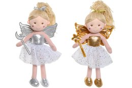 A pair of small, plush fairy dolls with blonde hair and white dresses. One doll has silver wings and the other has gold wings.