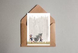 Postkarte - Serie 'Weihnachten' - 'Wie man diesen Baum nach Hause bringt' - Einkaufswagen