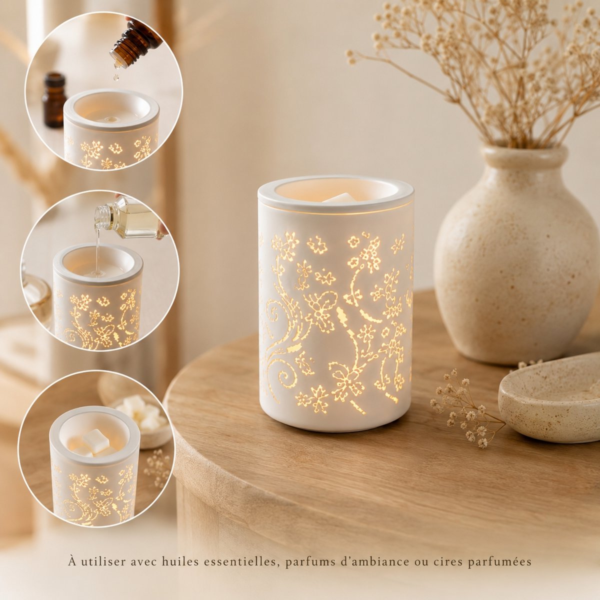 Zachte warmteverspreider – Calorya n°1 – Keramiek met verwijderbare schaal – Verspreiding en lamp – Geparfumeerde was, etherische oliën – Decoratief idee