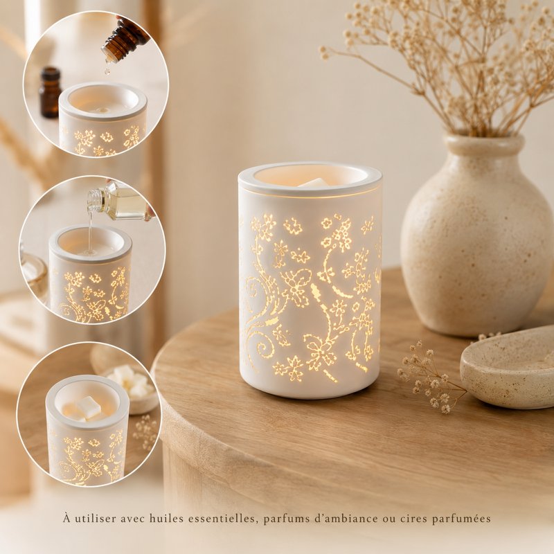 Zachte warmteverspreider – Calorya n°1 – Keramiek met verwijderbare schaal – Verspreiding en lamp – Geparfumeerde was, etherische oliën – Decoratief idee
