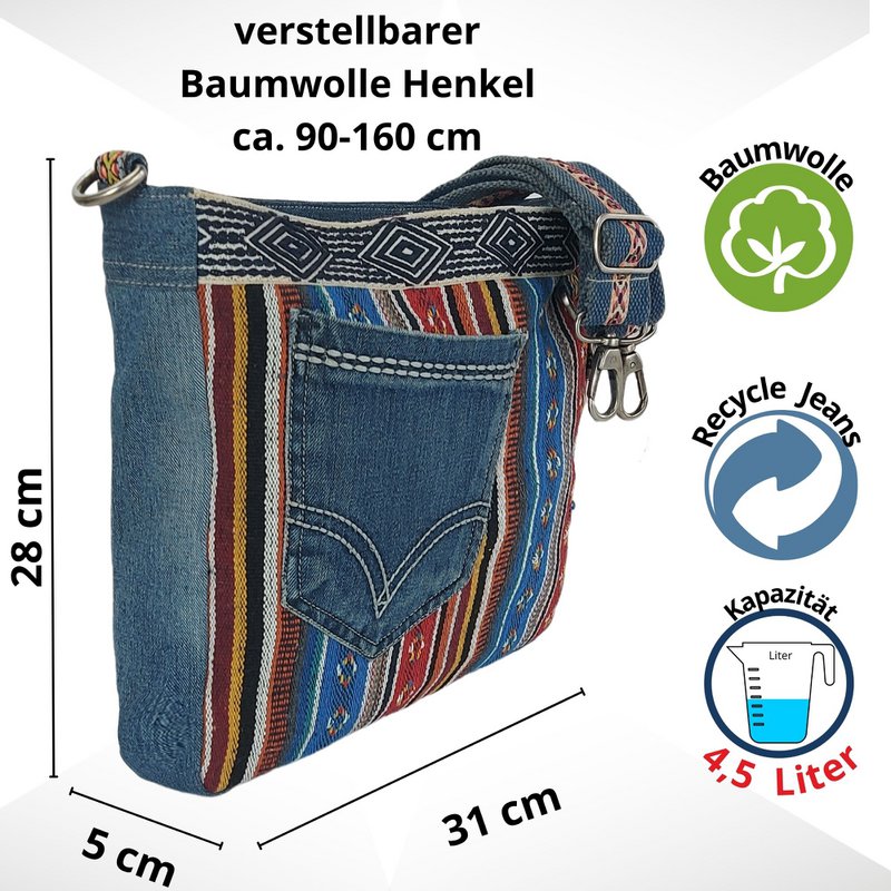 Sunsa Bæredygtig Skuldertaske til kvinder. Skuldertaske lavet af genbrugte jeans og bomuld. Håndtaske vintage retro stil. Crossbody taske til kvinder.