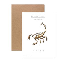 Scorpio zodiac greeting card with a stylized scorpion illustration. The card features the zodiac sign name and dates.