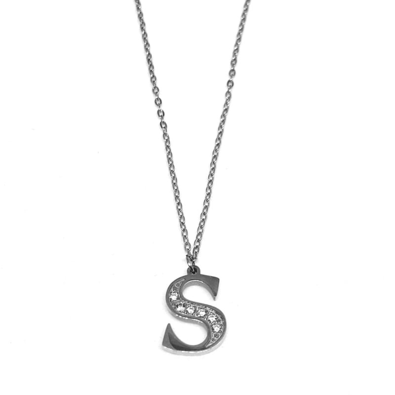 Letra ketting medio diamante - inicial S - zilver