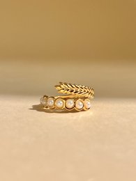 Bague ajustable Feuille et Perles Ajustable en Acier